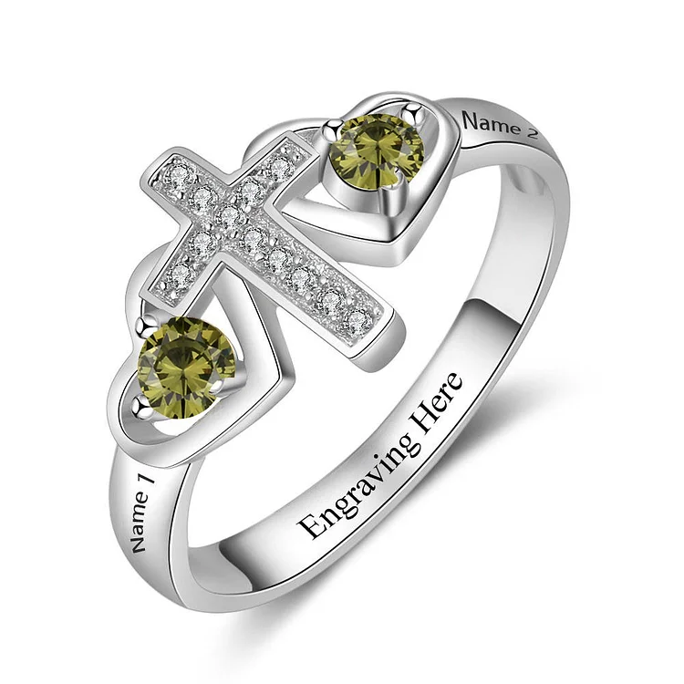 Promise Ring Latin Cross Ring Personalized with 2 Birthstones Unique August Birthday Gift