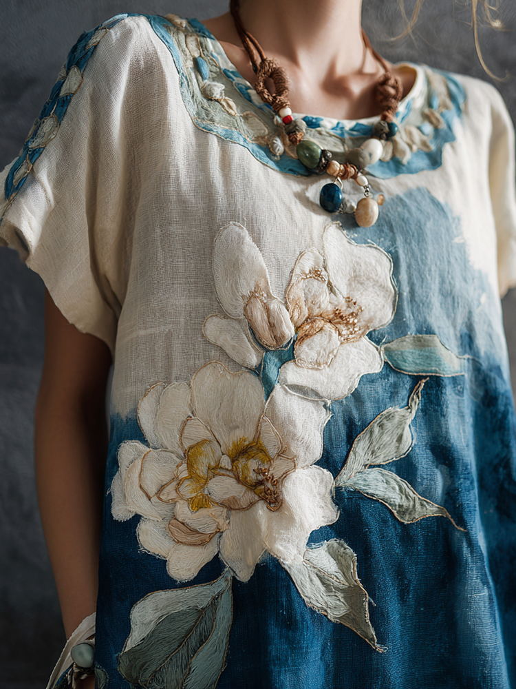 Women's Vintage Floral Oil Painting Art Gradient Cotton And Linen T-shirt