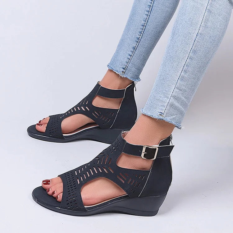 (👍Last Day Promotion 75% OFF) Women's Wedge Ankle Strap Zipper Platform Gladiator Sandals 
