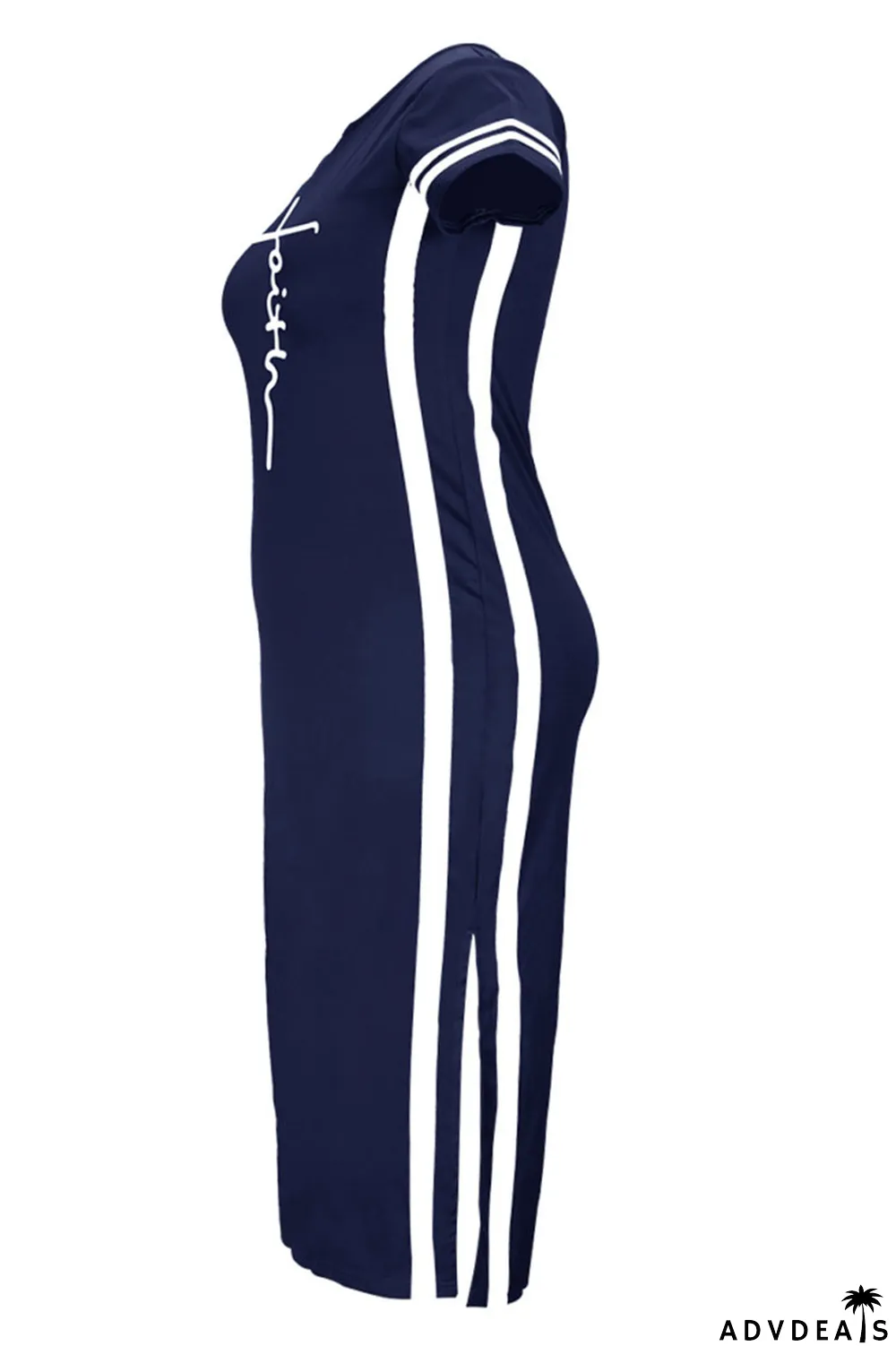 Tibetan Blue Fashion Casual Plus Size Print Slit O Neck Short Sleeve Dress