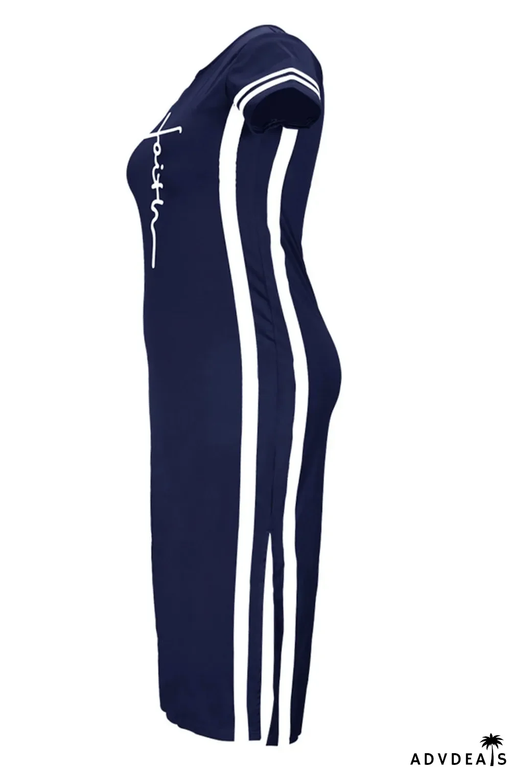 Tibetan Blue Fashion Casual Plus Size Print Slit O Neck Short Sleeve Dress