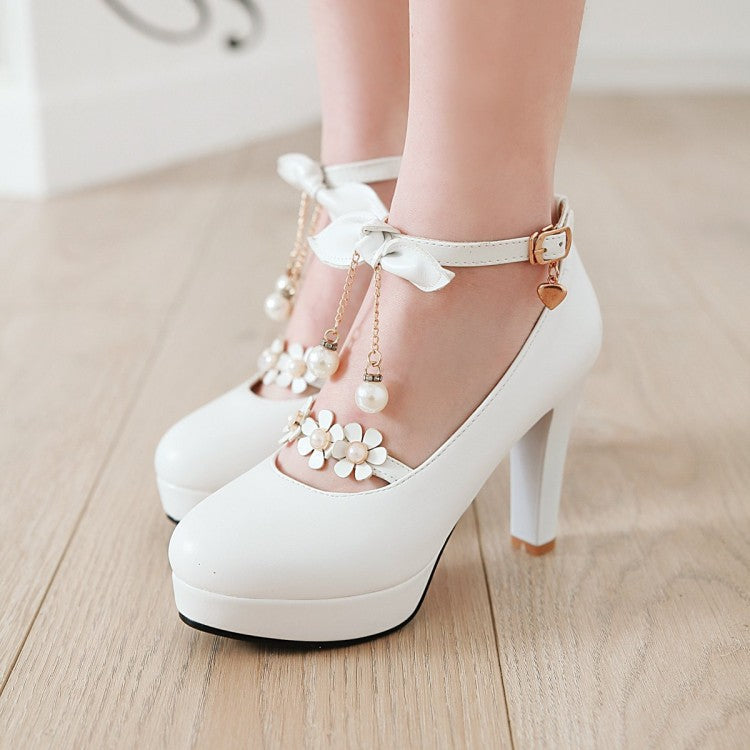 Sweet flower decor round toe chunky high heels dress shoes