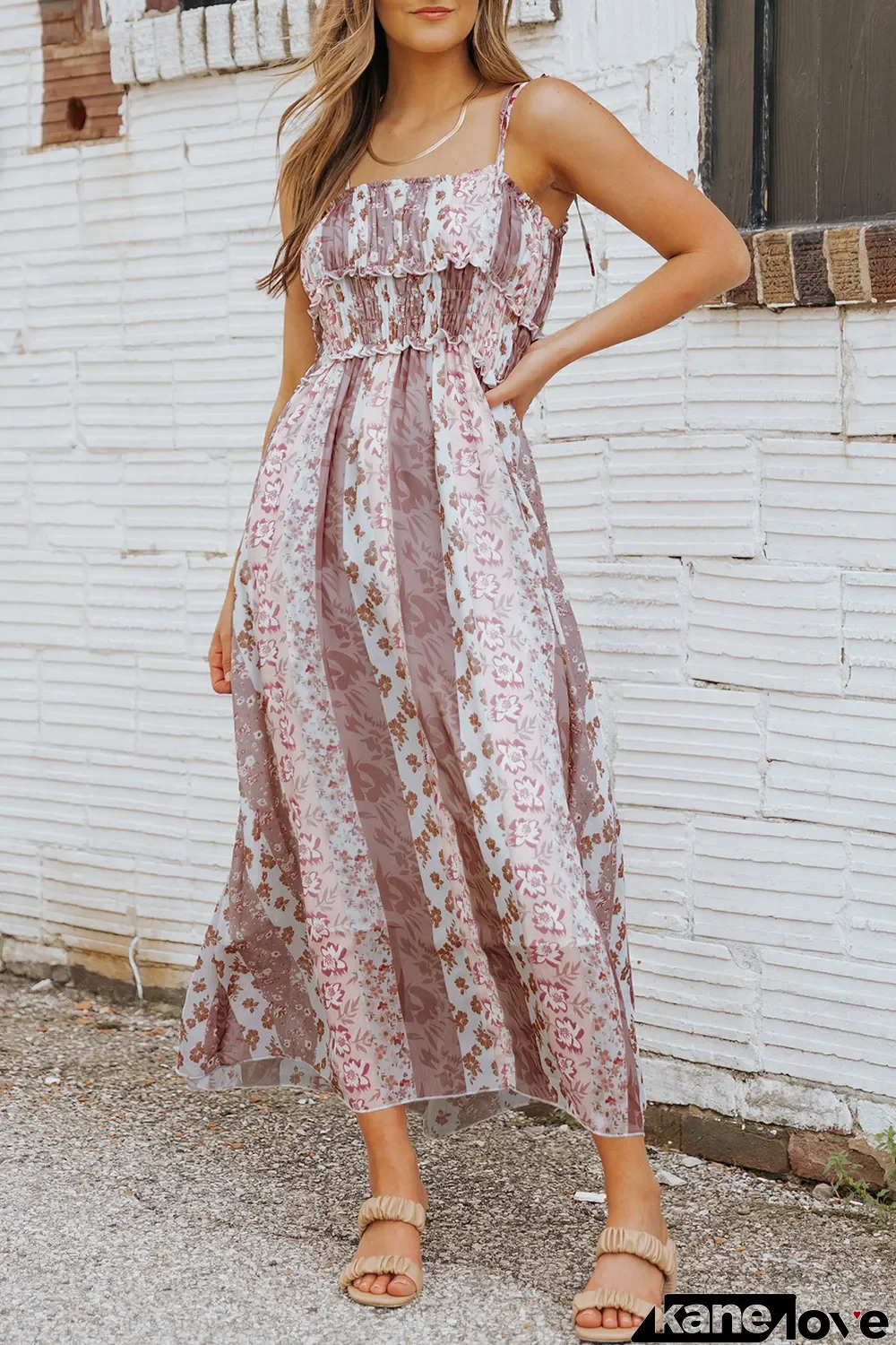 Multicolor Floral Print Frill Trim Smocked Spaghetti Strap Maxi Dress