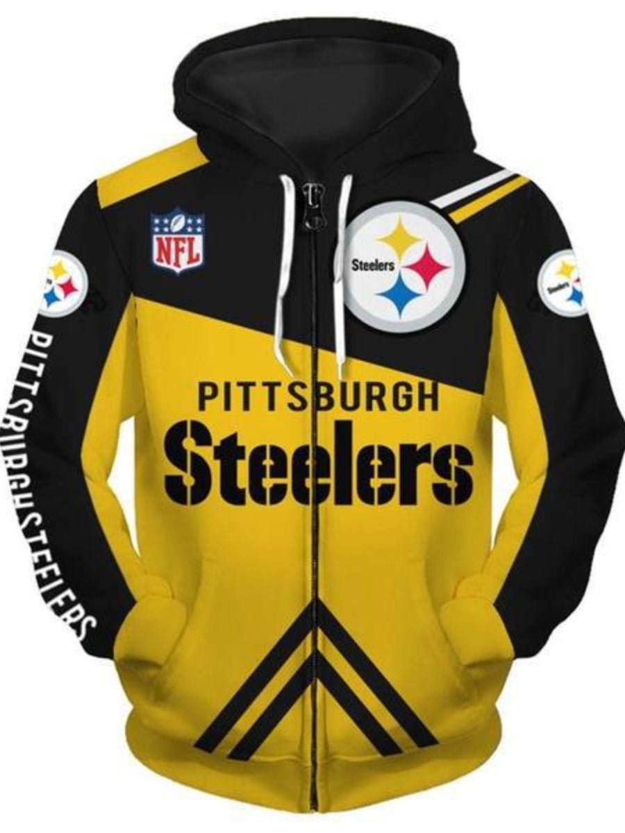 Men Pittsburgh Steelers Hoodie NFL 3D Digital Floral Zip Up Hoodie