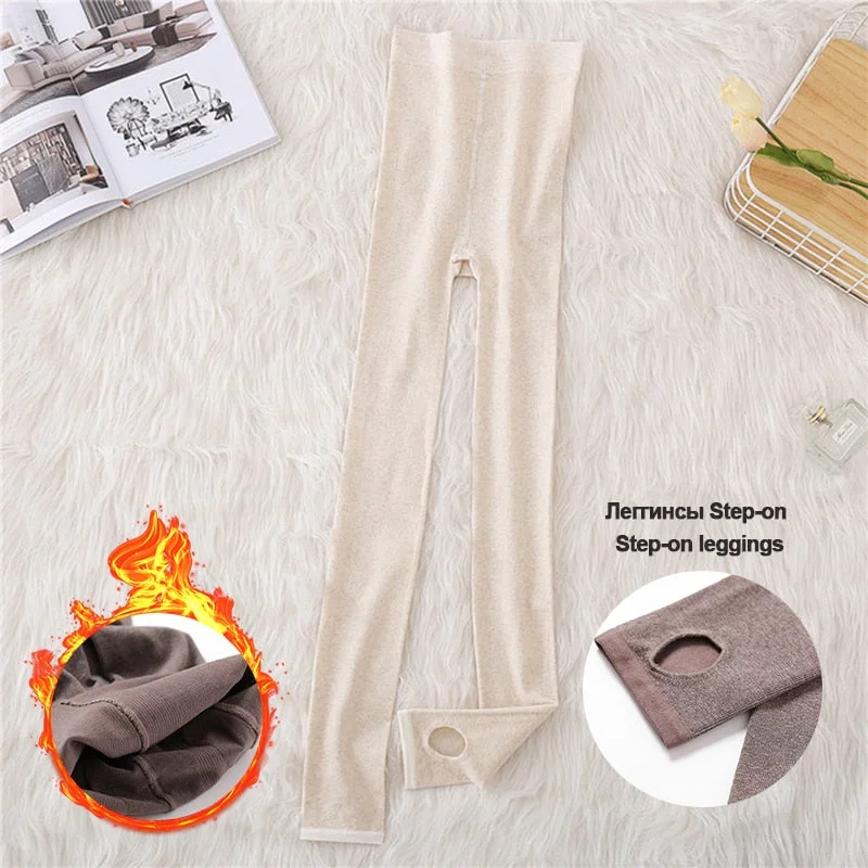 FINETOO Winter Velvet Leggings Body Slimming Cold-resistant Woman Striped Waist Legging Stretchy Comfortable Warm Fleece Pants