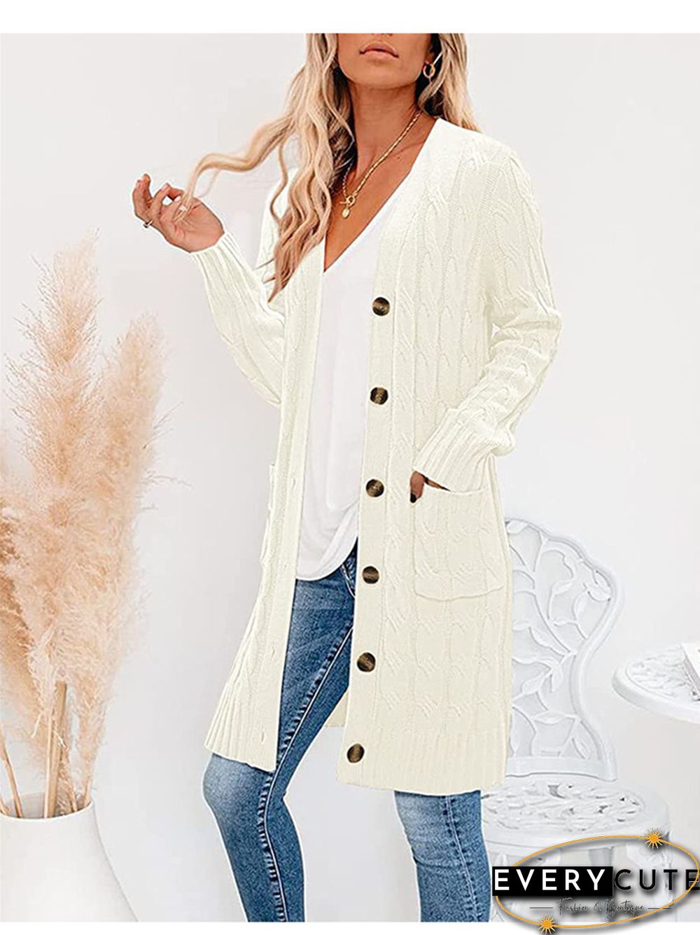 V-neck Single Breasted Pocket Solid Color Knitted Long Sweater