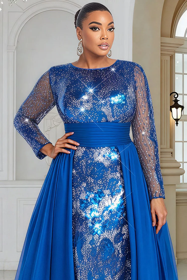 Xpluswear Design Plus Size Formal Royal Blue Round Neck Long Sleeve With Skirt Overlay Elegant Sequin Satin Maxi Dresses [Pre-Order]