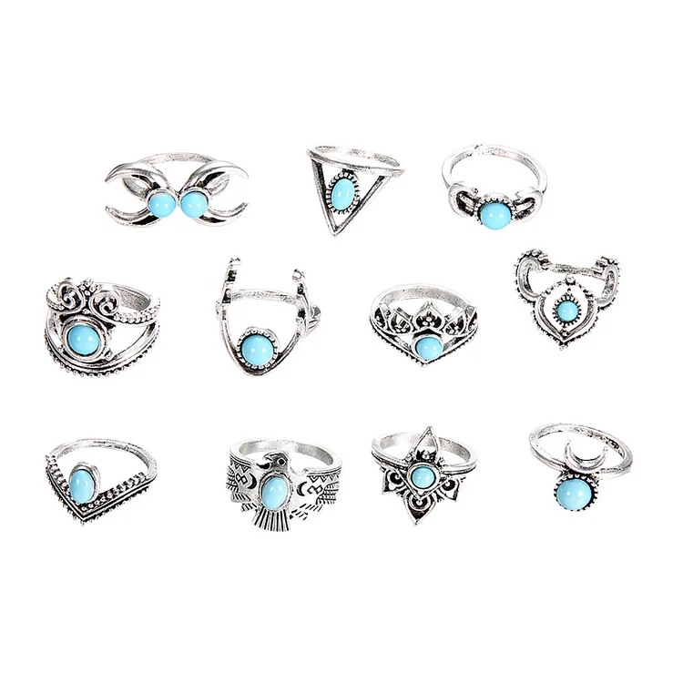 11x Crescent Turquoise Ring Owl Knuckle Finger Combination Ring Jewelry Set-Annaletters
