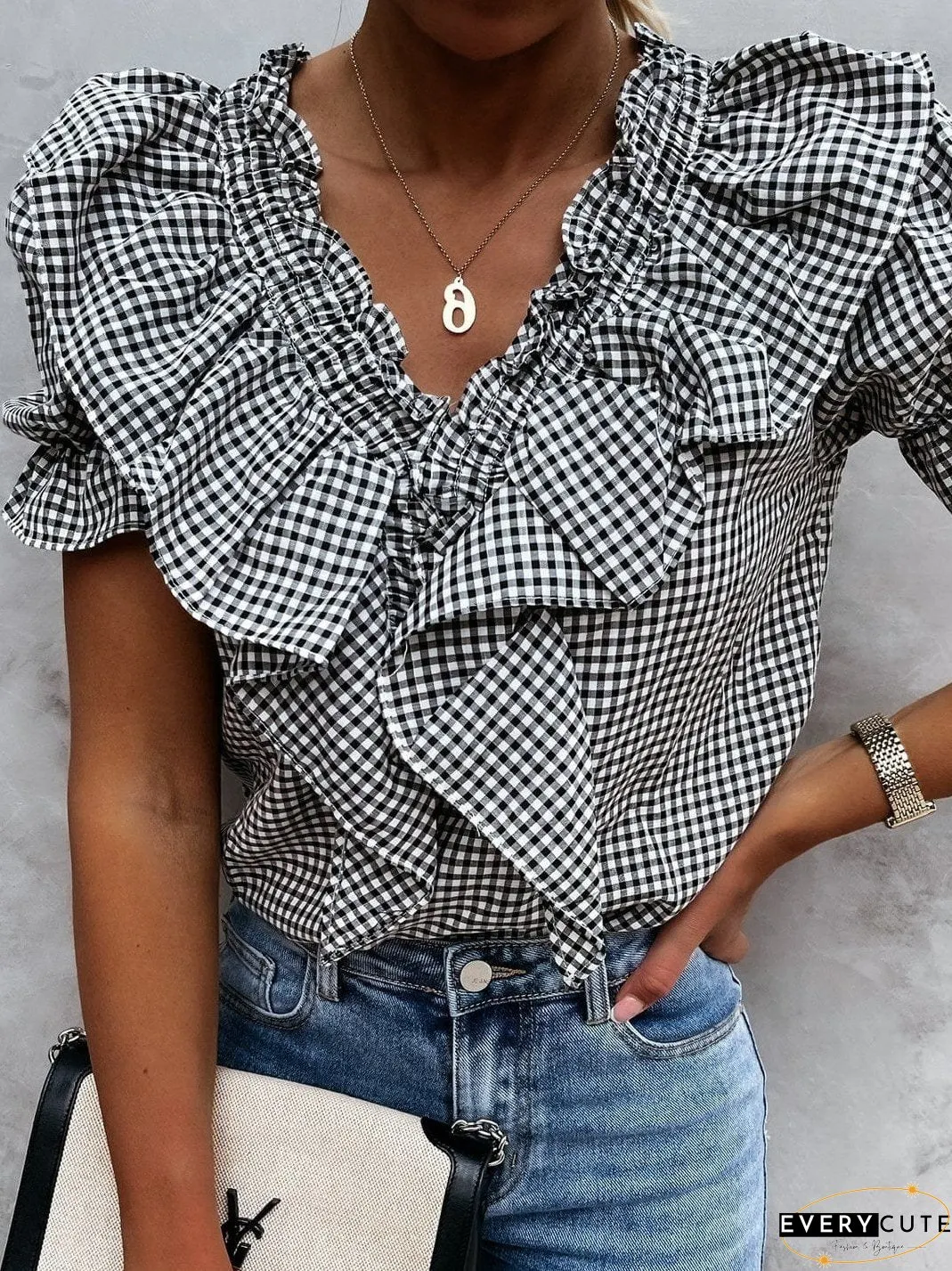 Layered Plaid Short Sleeve V-Neck Lotus Leaf Blouses
