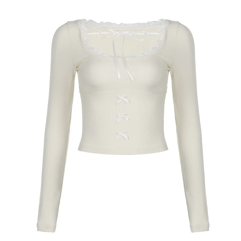 Ueong Desire For Sweet American Collar Lace Lace Splicing Tie Long-Sleeved T-Shirt Female Bow Knot Waist Thin Knitted Blouse