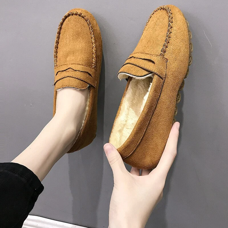 Qjong Women Shoes Comfortable Flats Loafers Short Flock Sewing Casual Ladies Non-Slip Bottom Warm Women Oxford Loafers
