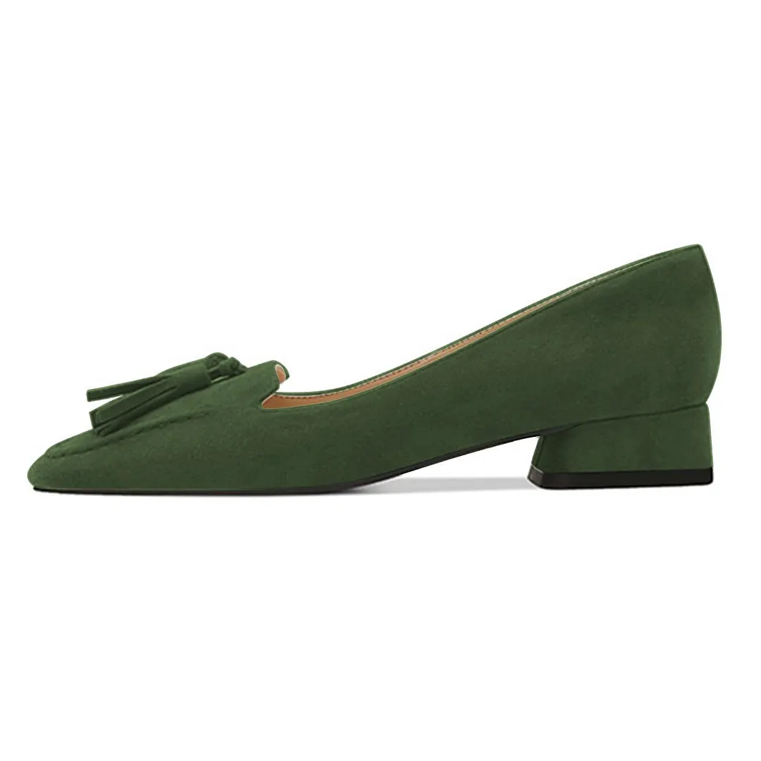 Vegan Suede Block Heel Tassel Loafer Shoes Women in Dark Green
