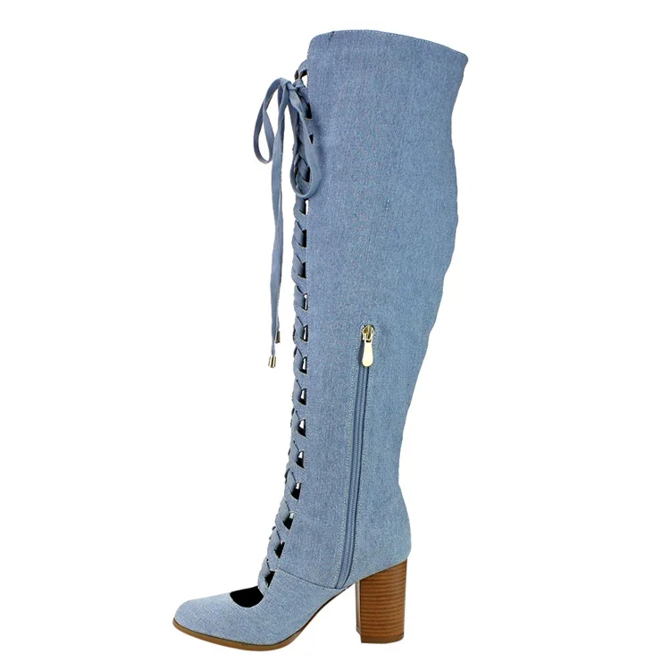 Blue Denim Hollow Out Lace-up Over The Knee Boots with Chunky Heels |FSJ Shoes