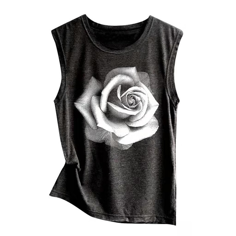 Sleeveless Tank Shirt Women's Summer Casual Rose Printed Off Shoulder Tshirt Round Neck Cotton Beach Vest Clothes Ropa De Mujer