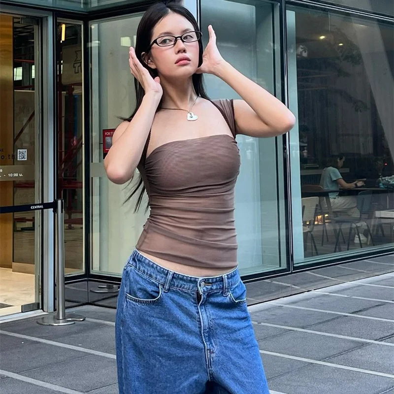 Uveng Uveng Summer New Sexy Hot Girl Pure Desire Square Get Net Gauze Perspective Short Sleeveless Vest Woman