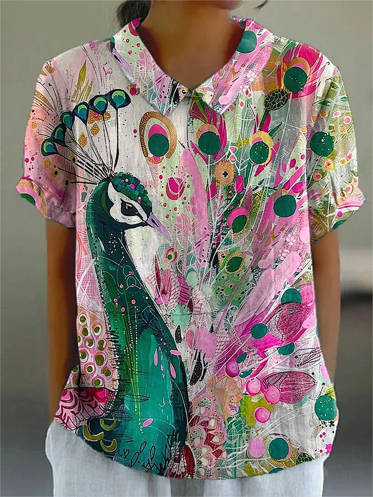 Elegant Peacock Painting Printed Women's Casual Cotton And Linen Shirt