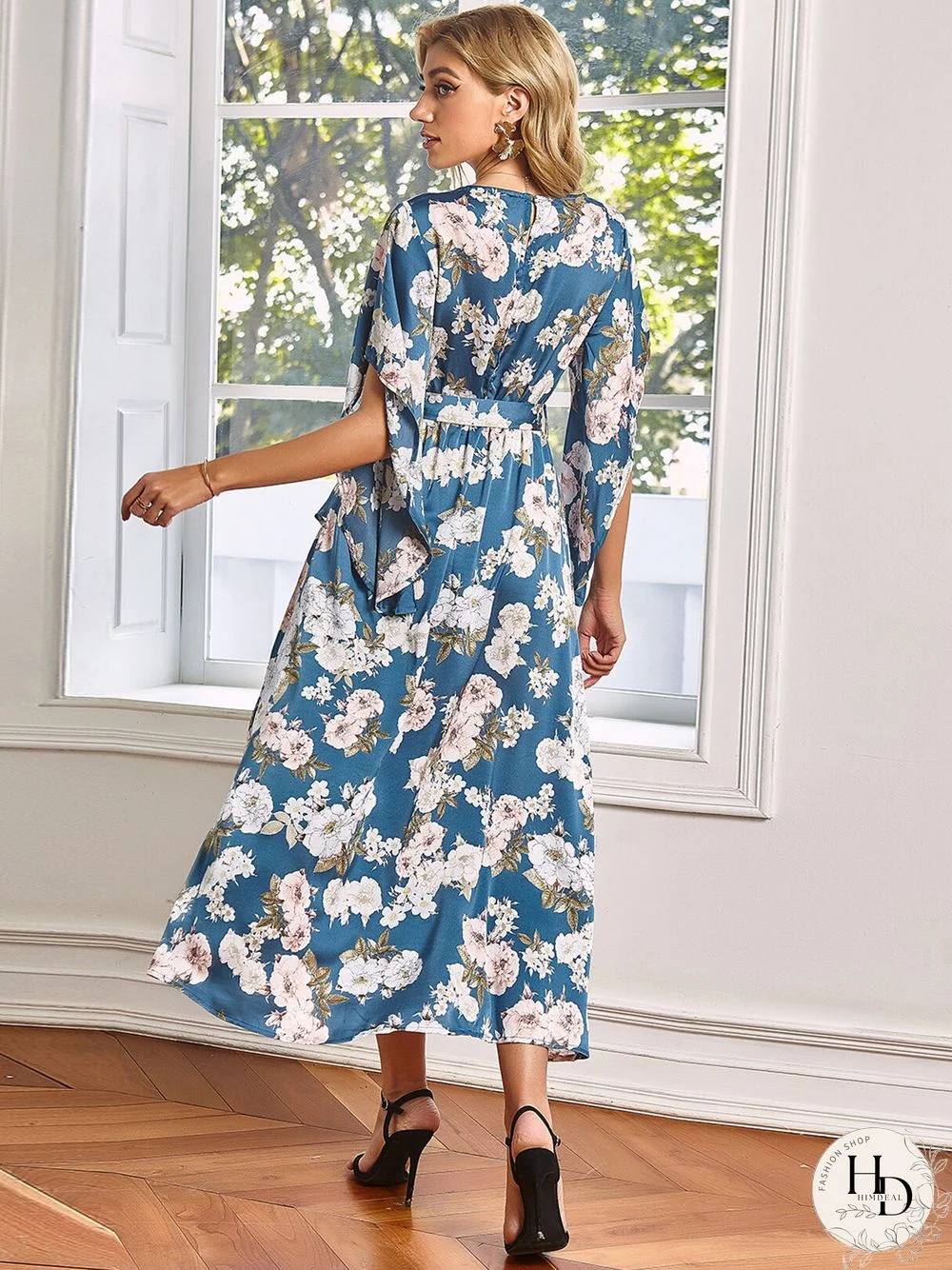 V-neck Floral Print Belt Design Irregularly Slit Hem Maxi Dress
