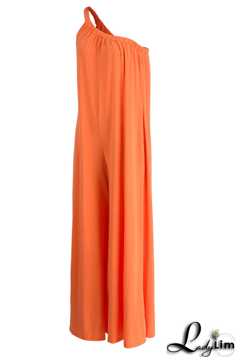 Tangerine Red Casual Solid Patchwork Oblique Collar Loose Jumpsuits