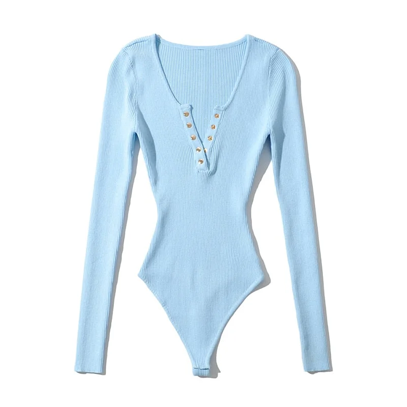 Aachoae Solid Knitted Bodycon Bodysuits Women Long Sleeve Home Jumpsuit Lady Sheath Sexy Body Suit Spring Combinaison Femme