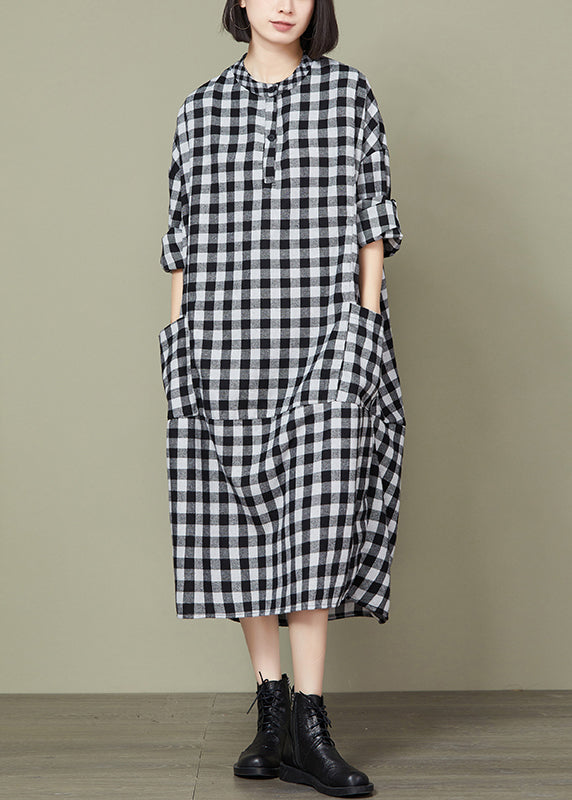 VCSHOES Plus Size Big Plaid Pockets Patchwork Cotton Long Dresses Fall