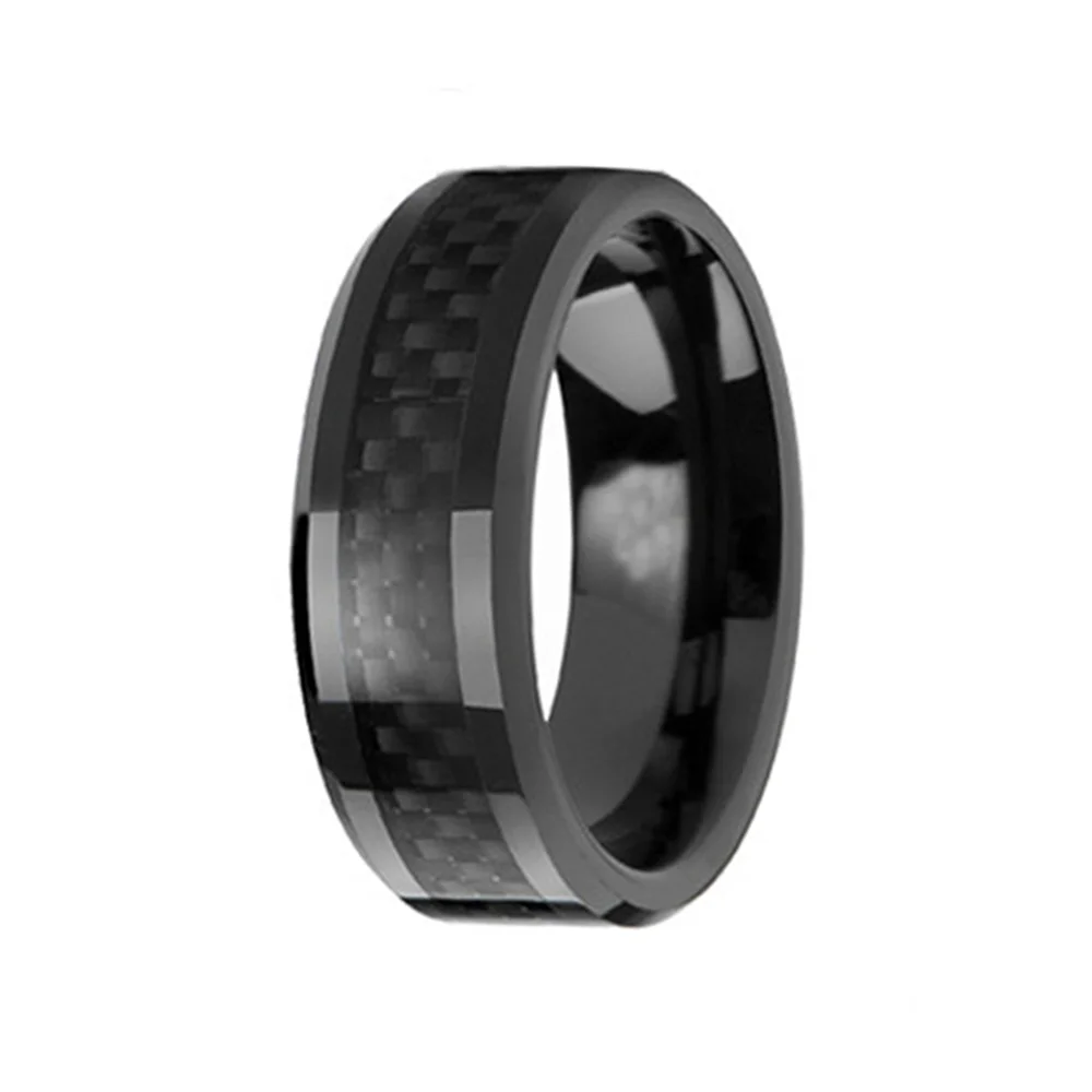 6MM 8MM Tungsten Carbide Men Rings Black Carbon Fiber Inlay Polished With Beveled Edge