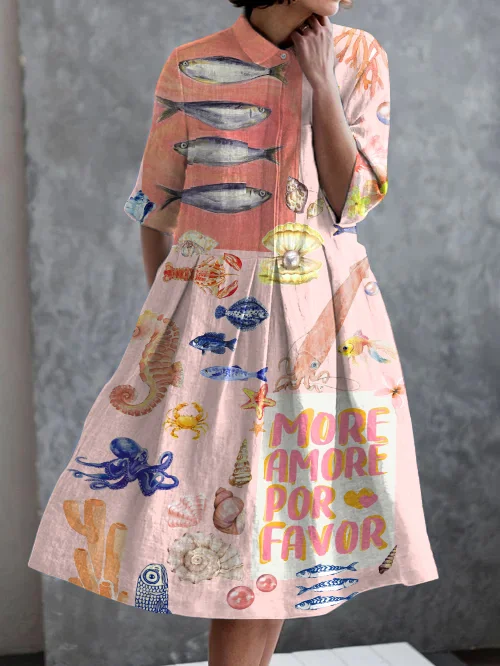 Retro Ocean World Print Casual Pocket Half Sleeve Dress