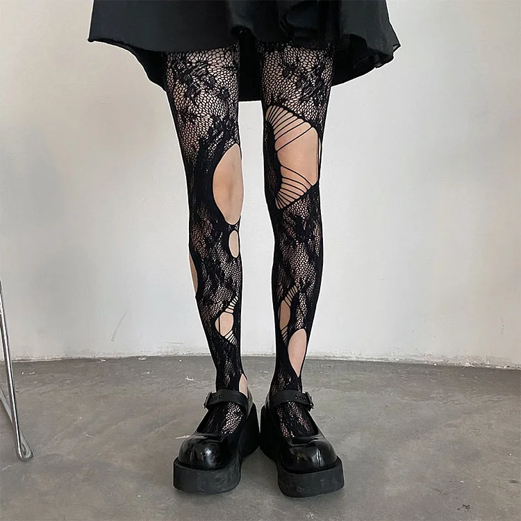 Hollow Out Rose Pattern Mesh Stockings - Modakawa modakawa