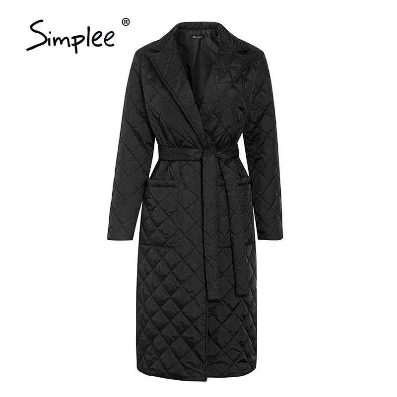 Simplee Long straight winter coat with rhombus pattern Casual sashes women parkas Deep pockets tailored collar stylish outerwear
