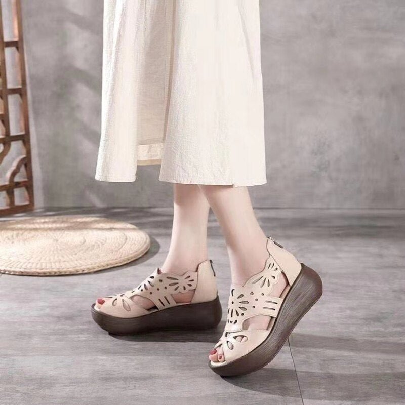 Women's Sandals Genuine PU Leather Handmade Ladies Shoes 2021 Summer Thick Sole Women Retro Sandals Leather Gladiator Sandals