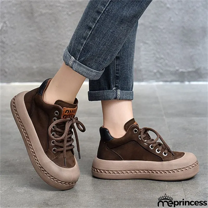 Genuine Leather Retro High Top Thick-soled  Lady Shoes