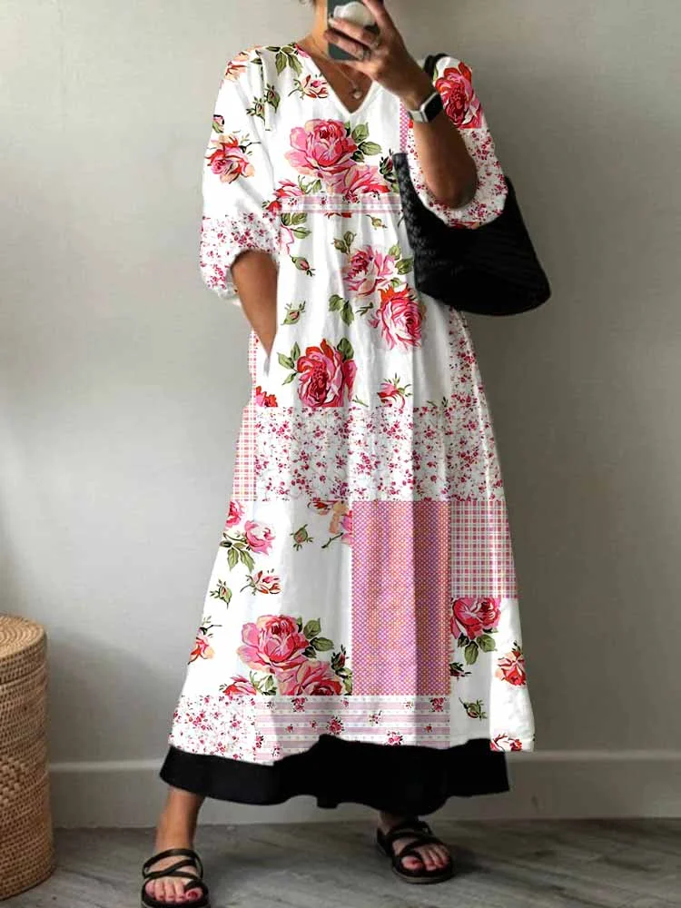 Womens Rose Flower Floral Pattern Cotton Dress