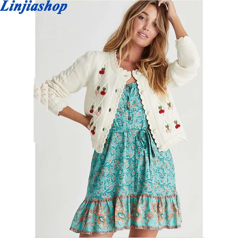 Vintage women's sweater cute white pull femme clothes women cardigan chic cherry appliques knitted cardigan