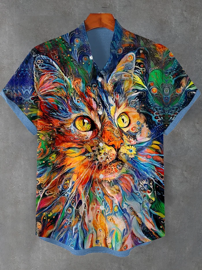 Men's Psychedelic Fluid Art Cat Print Casual Shirt