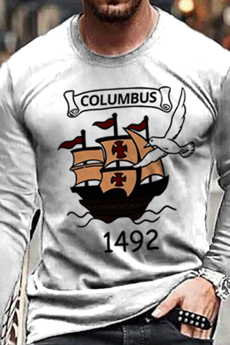 Columbus Day Sailboat Graphic Long Sleeve T-Shirt