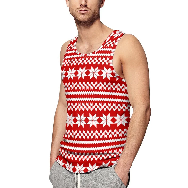 S-5XL White Red Fair Isle Christmas Sweater Print Muscle Tee Mens Sleeveless Gym Workout Shirt Hola Beach Hawaiian Tank Tops - Heather Prints Shirts