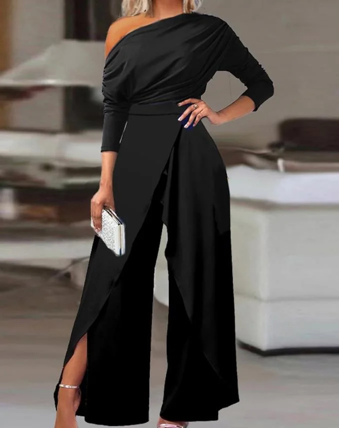 Uforever21 2023 Autumn New Fall Outfit Women's Jumpsuit Fashion Diagonal Collar Pleated Asymmetrical Cold Shoulder Split Down Wide Leg Jumpsuit