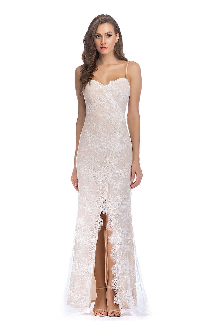 Ivory Lace Spaghetti Straps Backless Slit Bodycon Prom Dress - BlackFridayBuys