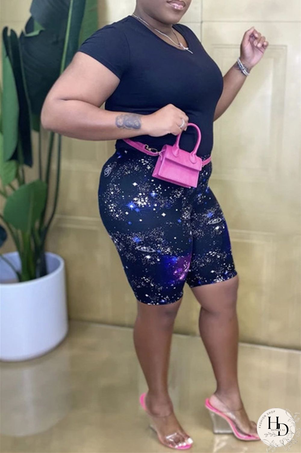 Black Purple Fashion Casual Print Basic Asymmetrical Regular High Waist Shorts