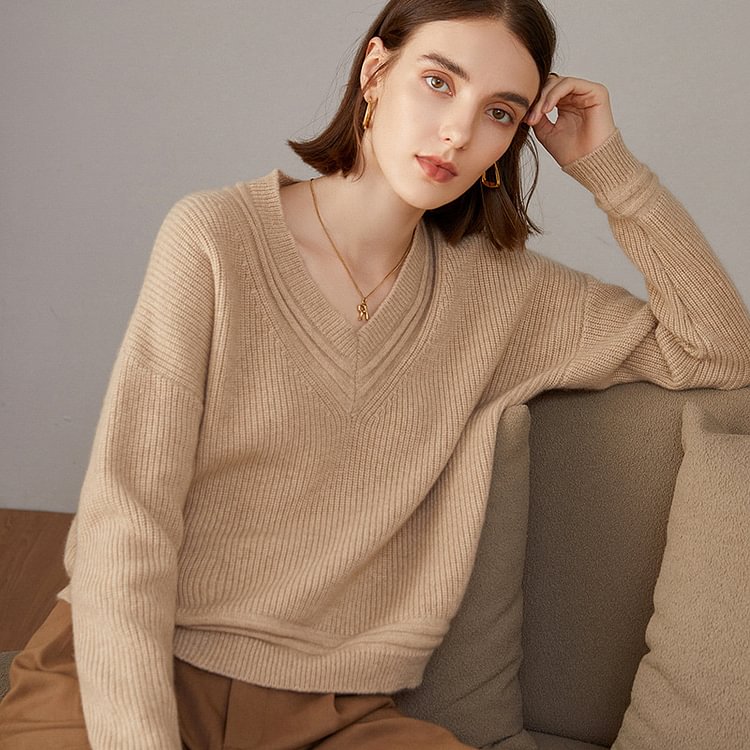 V Neck Knit Women's Cashmere Crop Sweater-Chouchouhome