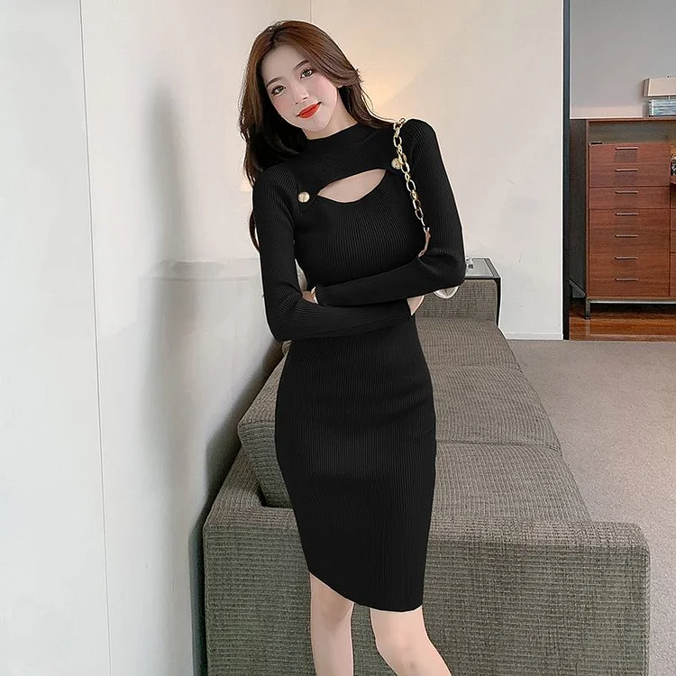 Sexy Mid-neck Hollow Out Long Sleeve Knitted Dress  