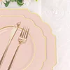 10 Pack | 11" Blush/Rose Gold Hard Plastic Dinner Plates, Disposable Tableware, Baroque Heavy Duty Plates with Gold Rim