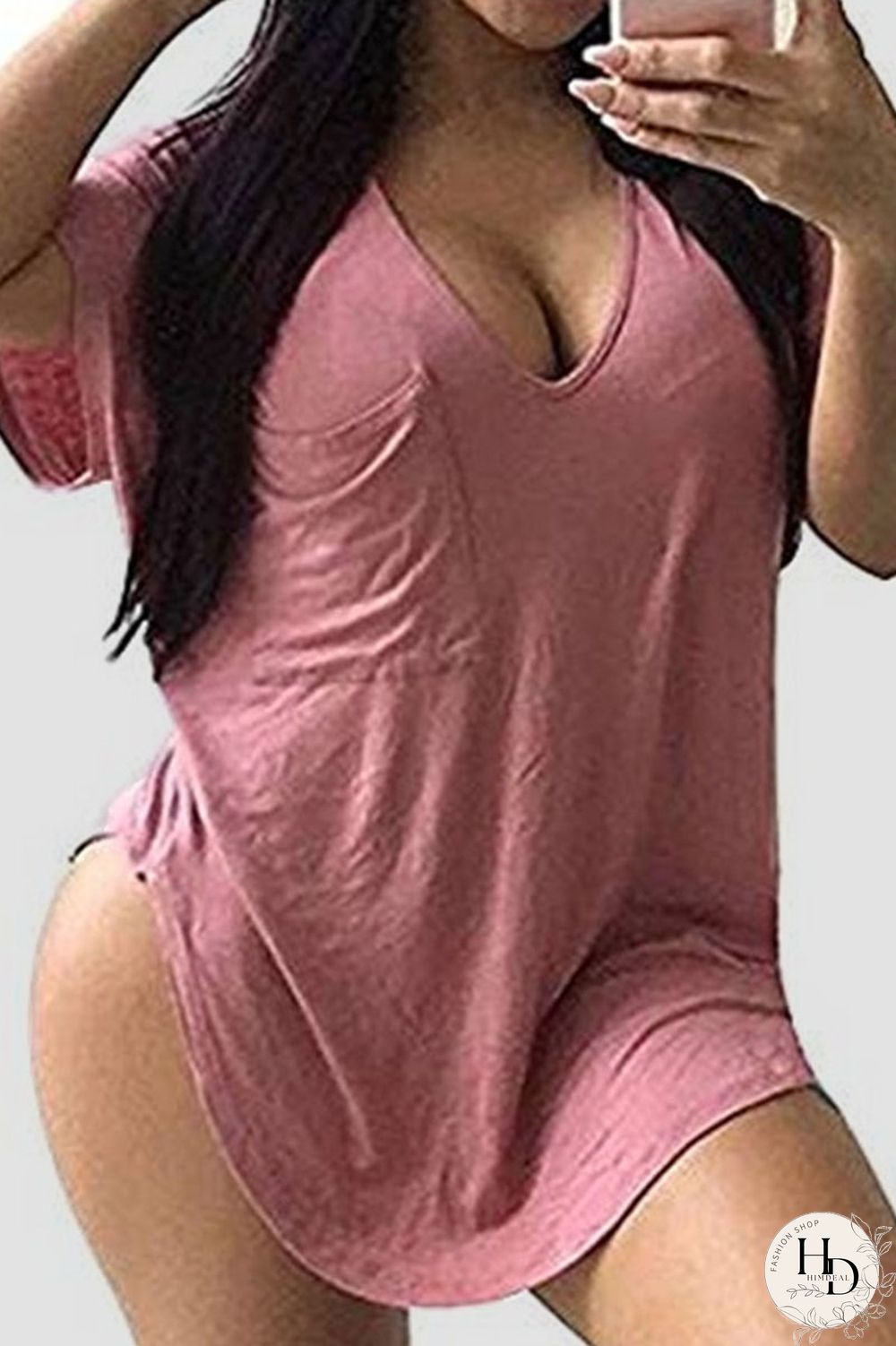 Black Casual Solid Split Joint Pocket V Neck T-Shirts