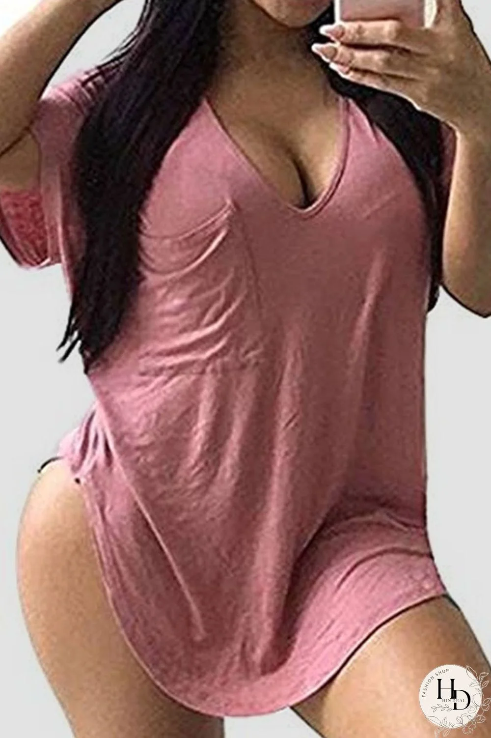 Black Casual Solid Split Joint Pocket V Neck T-Shirts