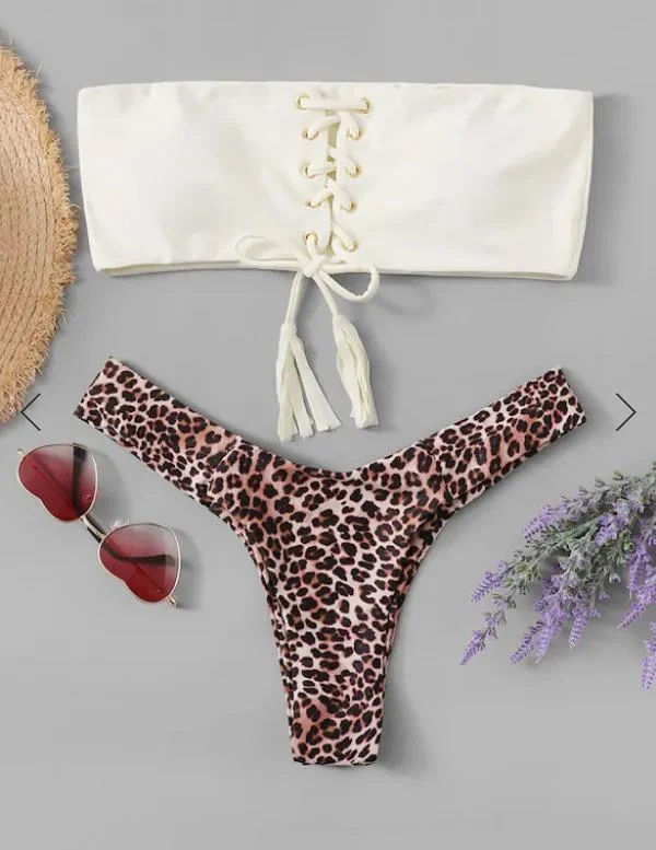 Split-Joint Leopard Print Tasseled Split Bikini Swimsuit