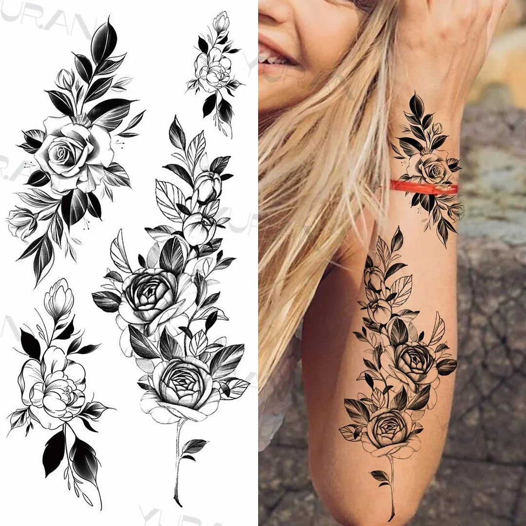 Black Large Snake Flower Fake Tattoo Sticker For Women Dot Rose Peony Temporary Tattoos DIY Water Transfer Tatoos Girls 1029