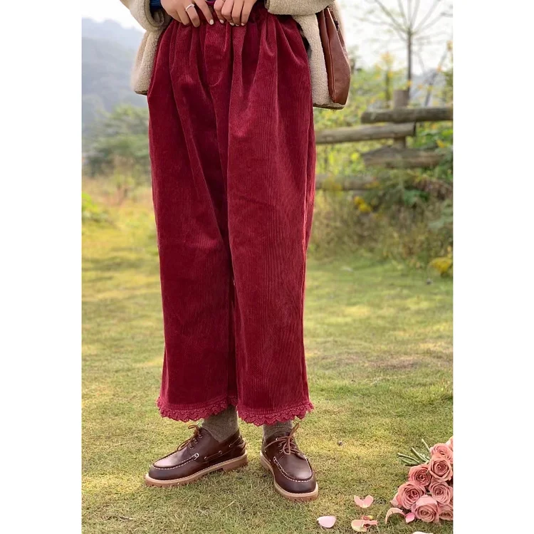 Queenfunky cottagecore style Corduroy Fleece Lined Cropped Pants With Lace Hem QueenFunky