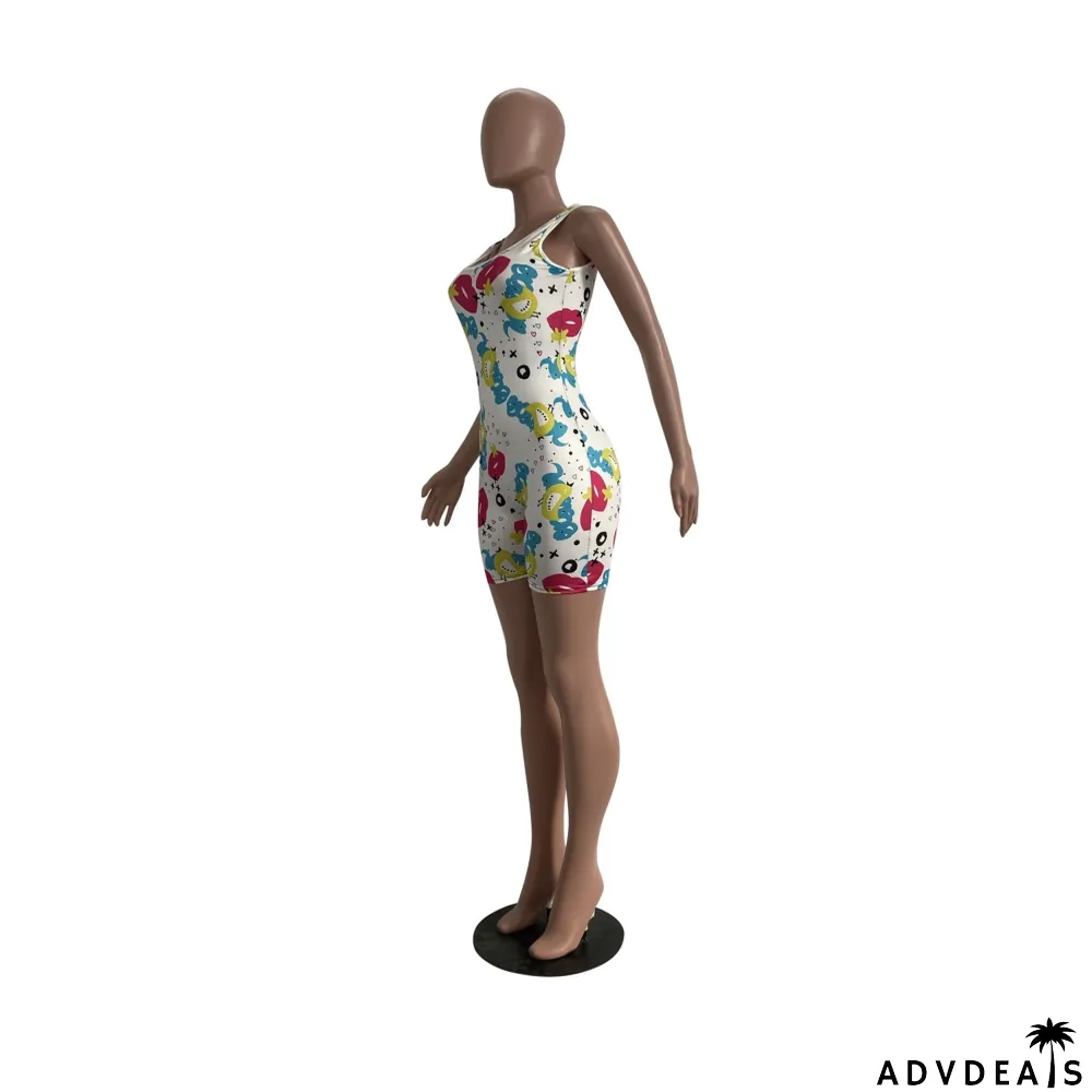 Cute Print Sleeveless Bodycon Rompers