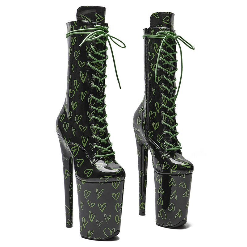 TAAFO 23CM/9inches Patent PU Love Pattern Upper Boots High Heels Platform Pole Dance Shoes