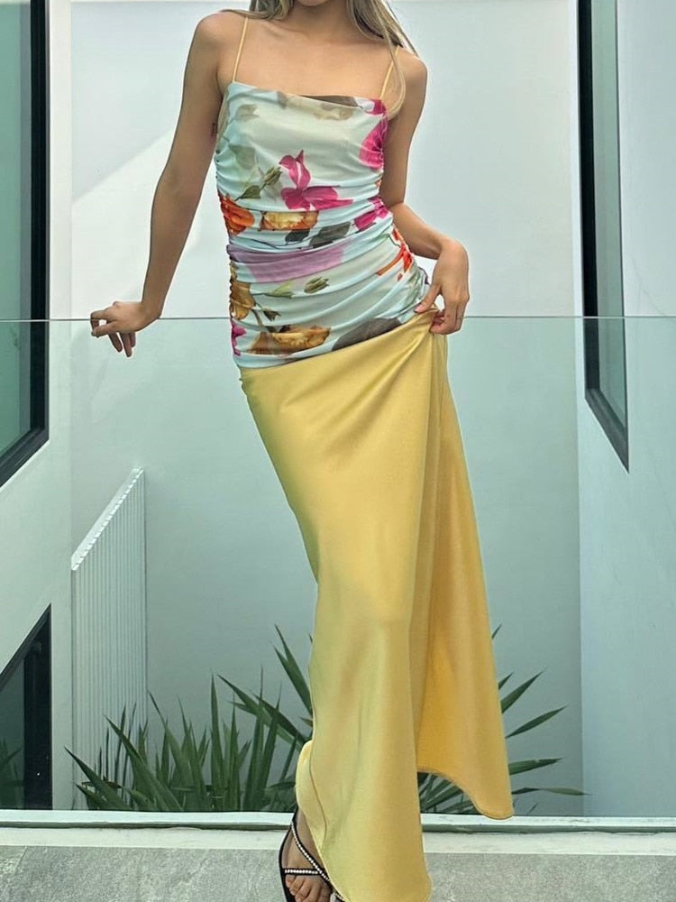 Women Summer Satin Slip Patchwork Mesh Maxi Dress Print Backless Off Shoulder For Women Outfits Beach Holiday Vestido LANFUBEISI