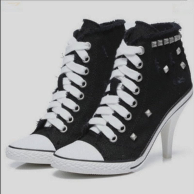 Comemore Women Canvas Shoes Denim High Heels Rivets Shoes Fashion Shoe Spring Sneakers Women's Pumps Black Blue Autumn New 2021